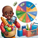 Illustrate a mathematics problem focusing on everyday life. In the foreground, show a young African boy happily shopping for groceries and educational materials, holding up various products like apples, bread, books, and pencils. Behind him, visualize a pie chart segregated into sections representing different spending proportions of his monthly allowance. The two largest portions should represent spending for food and learning materials, and a smaller portion should be left unspent. Let the colors of each portion be distinct and use no text for this image.