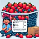 Design an enticing image which represents the following scenario. There is a large container filled with ripe, juicy strawberries and blueberries. The strawberries are five-fold the number of blueberries. A young boy named Joel is enjoying his afternoon snack, and he has eaten half the strawberries from the container. The container still holds 120 strawberries. Do not include any text in this image, only the visual representation of the scenario.
