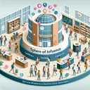 Create an image that illustrates the concept of a service centre's sphere of influence within a school setting. The image should depict a busy school environment with students of diverse descents and genders engaging with various facilities provided by the service centre such as an information desk, counselors, and health services. In the background, show different school facilities like classrooms, laboratories, and library to indicate that the influence extends to the entire schooling environment. Ensure there's no text in the image.