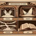 A visually appealing sepia-toned drama themed illustration demonstrating the organization of a drama. Feature the classic elements of a stage, such as curtains, spotlights, and wooden flooring. Articulate it into four distinct segments, each representing a different organization structure. The first features neatly arranged verses for stanzas, the second shows a collection of continuous lines for paragraphs, a grand stage with performers for acts in the third, and a closed book, its pages slightly ajar to hint at its chapters in the fourth segment. Remember to construct the image without any text.