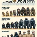Produce an illustrative image representing three groups of primates in increasing order of specificty. The first group is 'Primates', visualized as a diverse group of monkeys and apes. The second group, 'Hominids', should be depicted as a smaller subset of the primates featuring great ape species such as gorillas, orangutans and early human ancestors. The final and smallest group, 'Hominins', should be an even smaller subset focusing on human ancestors and modern humans. No text should be included in the image.