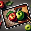 Generate an interesting image that reflects the idea of comparison, emphasizing the search for similarities and differences. The image should be vibrant and visually appealing, with a strong focus on juxtaposition. We could see a pair of apples, one red and one green on a wooden table as an example. Elements within the image, such as shape, color, size, and pattern, should be visually distinct to engage the viewer and stimulate a sense of curiosity.