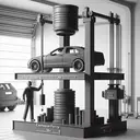 A 3D detailed, grayscale representation of a hydraulic lift setup inside an automobile garage. The lift consists of two oil-filled cylindrical pipes of different diameters, interconnected. On one end, a worker silhouetted figure is pushing down a piston. The other end has a platform where a generic, proportional sedan car is lifted, representing a weight of 4000 kg. Beneath the car, the platform shows a structure supporting 600 kg weight. Emphasize the difference in both pipe's diameters and visually represent exertion force of the worker as about 100N.