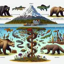Generate an image that symbolically represents the concept of bottleneck events and their impact on the genetic diversity of a population. Include an illustration showing multiple species with varying population sizes and varying genetic variation, situated in an island ecosystem. For example, depict a large bear population and a significant decrease in their numbers due to some natural calamity. Also, illustrate three different reptile species with each having different population sizes and levels of genetic diversity.