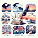Illustrate an image that suggests the concept of precision in language. Imagine a quill pen sculpting a delicate, detailed sculpture from a block of words to indicate the power of precise language. Additionally, include imagery related to sensory language, for instance, the sight of a colorful sunset, sound of gentle waves against the shore, touch of a fluffy feather, taste of a sweet fruit, and smell of a fragrant flower. Finally, visualize the transformation of the word 'angry' into a depiction of a 'furious' storm as a metaphor for more exact expression. Ensure there is no text in the image.