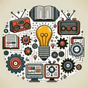 Create an image symbolically representing the concept of diverse media formats and their benefits. The image could include visual representations of various mediums such as a radio symbolizing audio, a book representing written text, a TV indicating video, and an infographic for visuals. These types of media are all interacting in an engaging manner, for instance, a spotlight illuminating them or gears neatly fitting together, demonstrating their harmony and synergistic effect in making information easier to grasp, engaging for the audience, and entertaining. Please make sure the image does not contain any text.