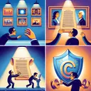 Illustrate an image representing the idea of copyright in an appealing manner. The image should depict four distinct elements to align with the four options mentioned about copyright. For the first element, show a person hesitantly reaching out towards an artwork on a gallery wall. For the second element, depict another person joyfully duplicating a piece of music. The third element should showcase a shining shield, symbolizing protection, held by an intellectual, representing the creator of original work. Lastly, for the fourth element, depict scrolls with writings representing a list of sources. The image should contain no text, only symbolic representation.