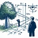 Create a diagram of a man standing near a tree. The man should be a distance of 8 meters from the tree and his eye level is at an elevation of 120 meters. The tree is 7 meters tall. The focus should be on the sight line from the man's eye to the top of the tree, which illustrates the angle of elevation. Ensure that there are no numerical measurements or text visible in the image.