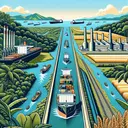 Create a striking image linked to the theme of the Panama Canal and its impact on the economy. Illustrate the canal with ships passing through, surrounded by lush tropical jungle. In the far distance, depict the East and West coasts of the United States as well. Make sure to incorporate symbols of farming and manufacturing, such as a wheat field and a factory, on opposite ends of the picture, representing their locations in Washington and the East Coast. There should be a railroad track leading to the East Coast, illustrating the transportation alternatives available for farmers and manufacturers in Washington.