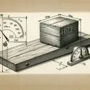 A detailed illustration of a physics experiment. It shows a medium-sized, solid rectangular box at rest on an inclined wooden plane, implying a weight of mass 10kg. The box is shown next to a scale indicating its weight. The surface of the incline plane is visibly rough, illustrating the concept of friction, with indicators to suggest that the coefficients of static and kinetic friction are 0.55 and 0.25 respectively. The angle between the plane and a level surface is variable, with a protractor next to it to emphasize this. No numbers or text are visible in the image.
