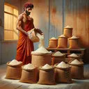 A visually appealing image of a bakery setting with a vermilion-colored South Asian male, Ravi, in the process of packing flour into nine rustic, brown bags. The bags are punched from thick paper and they each contain approximately 3.25 kg of ivory-colored flour. There's a significant mound of the untreated flour off to the side. The floor is made of washed-out wooden planks and the lighting is warm and welcoming.