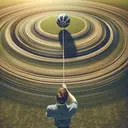 Create a detailed image where an individual is swinging an object tied to a long string in a circular motion. This top-down view depicts the person standing in the center of a wide, open outdoor field on a sunny day, focused on the moving object. The object, a ball with distinctive stripes, is spinning around swiftly. The string connecting the object and the person is stretched tight, implying tension. With this action, effectively demonstrate the centripetal force in action. There should be no text in this image.
