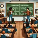 Create an image depicting a classroom setting where two students of contrasting descents, a Black female and a Caucasian male, engaged in a debate showcasing their counterarguments. The counterargument is visually represented as a chart drawn onto a chalkboard that displays main arguments and corresponding counterarguments. The room is filled with other students of various descents, attentively listening. Textbooks are open on desks with pictures and words, and a clock displays that it's near the end of the school day.