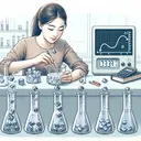 Create an illustration of a scientific experiment being conducted by an Asian female student in a laboratory. She is adding ice cubes to several beakers filled with water, arranged in a row on the lab table. The beakers have different quantities of ice, visually representing the increasing amount of ice being added. Nearby, a digital thermometer shows the changing temperatures, dropping as more ice is added. The kinetic energy is symbolized by the slowing motion of water molecules inside the beakers, shown as small dots spiraling slower as the temperature decreases.