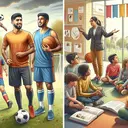 Create an image of a professional male footballer of South Asian descent and a female basketball player of Hispanic descent demonstrating leadership in a local community setting devoid of text. Show the footballer mentoring a group of children playing football in the park, and the basketball player speaking in a community center to a diversely aged audience. Ensure both athletes are in casual attire to highlight their involvement outside of their respective sports. Include symbolic details like inspirational book summaries or sports equipment in the background to hint the options mentioned in the question.
