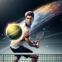 Illustrate a tense, dynamic scene on a tennis court. A Caucasian male tennis player, fit, and in his mid-twenties, is concentrated on the incoming tennis ball. The tennis ball, colored in a vibrant yellow, is in mid-air, approaching swiftly towards the player. Show a ghosted image of the ball traveling in the opposite direction, signifying the action that's about to take place. The player is preparing to strike back, racket in hand, signaling action and movement. No calculations or numbers should be visible in the image, just the intense atmosphere of this scientific phenomenon being demonstrated.