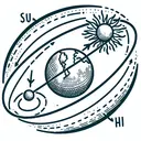Draw an illustration of an elliptical planetary orbit. Show the sun and earth as two separate bodies. Specifically, depict the sun situated at one focus point of the ellipse and point it out using a non-textual symbol like an arrow, while also symbolically placing the earth in any arbitrary location on the ellipse. Convey that the earth is moving along this irregular, elliptical path. Remember to use simplicity and clarity in the representation for better understanding.