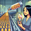 Create a visual metaphor for the given scenario. Envision an assembly line in an industrial setting. The line is producing a stream of bright capsules, each symbolizing vitamins. Next, illustrate a teen girl of Hispanic descent, looking delighted and holding a capsule in her hand while observing her own radiant reflection in a mirror. Further down the assembly line, show these vitamin bottles being scooped up en masse by unseen customers. Make sure there's no text in the image. Remember to keep the image appealing and supportive of the question.