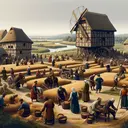 Please generate an image that visually represents a narrative from the feudal era. The scene should contain a group of serfs, of various descents, diligently working on a rented piece of land, using only a few pieces of equipment and wearing simple clothing indicative of that era. Also, depict a scene where they bring their harvested grain to a local mill at a manor to be milled, with the exchange of coins involved demonstrating a taxation scenario. The manor should be sufficiently distanced to convey the vast expanse of the rented land.