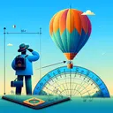 Craft a scene featuring a vibrant, delicate hot air balloon on a clear day, soaring upwards into the bright blue sky. Below it, there's a small figure of an observer, standing on a grassy open field and looking upwards, his hand shading his eyes. A virtual protractor showing an angle of 29 degrees and 28 minutes is there to indicate the observer's angle of elevation towards the balloon, but with no numerals included in the design. Position the balloon at a considerable distance from the observer, visually representative of 150 meters. Make sure the image does not contain any text.