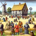 Create an image that describes the feudal system in the medieval era, in which there are several serfs working in a large field. They have minimal equipment and are tending to the grain crops. A manor can be seen in the background, with a large windmill next to it, signifying the manor mill. A group of serfs is seen handing over a bag of coins to the lord standing at the entrance to the manor, signifying the transfer of taxes from the knights to the lord. The image should be devoid of any text.