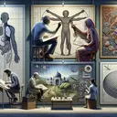 A visually compelling scene showcasing the components of the given question. Include the following details: A person, of South Asian descent, accurately drawing human anatomy on a flat wall surface; another individual, a female Middle-Eastern artist, painting a three-dimensional image on a flat canvas; a third person, a male of Caucasian descent, painstakingly constructing a detailed technical drawing; lastly, a fourth person, a Hispanic woman, diligently building a model dome with precise mathematical proportions. Ensure none of these elements contain any text.