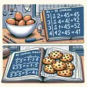 Draw an easy-to-understand illustration for a math problem that showcases the relation between the number of eggs used and the number of cookies made in a recipe. It should feature a kitchen scene with a bowl containing three eggs and an open cookbook displaying a recipe for 45 cookies. The counter should be covered with a batch of 45 cookies. No text should be included in the image.