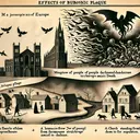 Create an image that depicts symbolic elements to demonstrate the major effects of the Bubonic Plague. Show a metaphorical third of Europe darkened to represent death, a flow of people from city structures to farmhouses, a church standing firm amidst chaos, and lonely houses representing expulsion. The image should not contain any text and just portray these events figuratively.