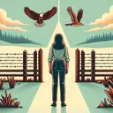 Create an illustrative image displaying the concept of 'Crossing Borders'. It should depict an indecisive female figure standing at a geographical border. This border should be a fence signifying a division between two different landscapes. One side should represent a prosperous and hopeful environment and the other side representing defeat and yoke. On the prosperous side, let there be an eagle soaring high indicating freedom and on the other side, there should be a coyote representing wilderness and uncertainty. Do not include any text in this image.