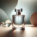 A photo-realistic image of a delicate perfume bottle with a height of 12.4 cm and a base radius squared of 6.2 cm. The perfume bottle is transparent and has a spherical bottom and a narrow neck, which are common characteristics of perfume bottles. It's sitting on a well-lit, smooth surface. In the background, there are subtle, abstract shapes that add depth to the image but don't detract from the bottle's detail. The whole scene appears calm and inviting, suitable for a study environment.