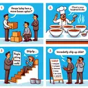 Create an image that symbolizes the concept of verbal irony. It could feature three illustrated scenes where each scene belongs to a sentence. Scene 1: A man politely asking another person to help him move boxes upstairs. Scene 2: A chef looking humorously at several untouched bowls of chili and expressing his satisfaction. Scene 3: A man named Han glancing at a fully-packed signup sheet and referring to it as a 'group effort'. Lastly, a simple representation of a person stepping outside, feeling an intense cold, and immediately retreating back inside.