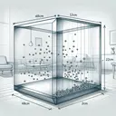 Create an illustration of a mathematical concept. Detail an idealized, clean room with white walls. The main focus of the image is a large cuboid, standing upright on a polished wooden table. The cuboid is transparent, so we can see its inner part. Make it look as if it's made of glass. Highlight the width and length represented with dotted lines, indicating that the cross-sectional area is 48cm². A similar dotted line should demonstrate the height of the cuboid. To represent the volume, include small, loosely packed cubes, each with a volume of 1cm³, filling up the entire glass cuboid, indicating its total volume is 216cm³.