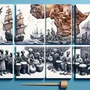 Create a captivating composition which adequately illustrates the historical context of the given questions without any text. Divide the image into four sections. The first section visually represents nautical trade in the 15th century near the African coast, possibly featuring old-style sailing ships. The second section should display African musical instruments such as the djembe or the balafon, signifying cultural preservation. In the third section, depict a map highlighting the African continent to represent the origin of the Middle Passage. The last section should contrast an ancient world setting with people bound by war or debt, versus a replicate plantation scene from the Americas.
