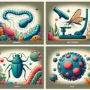 Generate an informative illustration showcasing four different organisms: a detailed, ambiguous parasite, a bacterium under a microscope, an enlarged insect, and a detailed representation of a virus. All four should ideally be displayed within their appropriate ecosystems or environments, implying their potential role as disease vectors, but should have no text on the image.