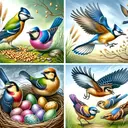 Illustrate an ambient scene in nature highlighting the unique features of birds. Show diverse birds of different sizes and colors, each depicting different behavior. To represent the options given, have some birds pecking at seeds on the ground, others incubating eggs in a nest, and other birds in mid-flight showing their outstretched wings. All birds should be adorned with vibrant, detailed feathers. The scene should be realistic and striking but contains no text.