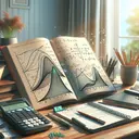 Create a detailed image of a mathematical study environment. The scene takes place in a cozy study room with a large wooden desk at the center. On top of the desk, there is a graphing calculator, a well-used math textbook, pencils and a notebook filled with notes about inverse variation. Be sure to illustrate the graphs of different inverse variation functions as sketches on the notebook. In the background, there is a bright window with soft sunlight coming through, which casts a warm light on the desk scene. Although there are symbols and numbers indicated, no specific and understandable text should appear in the image.