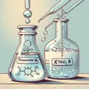Create a detailed and visually appealing image depicting a scientific experiment taking place. The scene should include two flasks labeled 'A' and 'B', with Flask A containing a clear liquid representing trioxonitrate(v) acid and Flask B containing a white-powdery substance representing XHCO3. The image should represent the process of neutralization, with a dropper transferring the solution from flask A to B. Also include bubbles to indicate a reaction taking place. Do not include any text or formulas within the image.