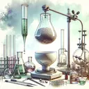 Create an image of a laboratory scene. Showcase a set of glass flasks and beakers filled with various chemicals on a laboratory bench. Include a white ceramic crucible holding a grey substance, which is to represent the 0.103g sample of ammonium nitrate (NH4NO3). Nearby, depict a large burette filled with a green solution representing 0.101M sodium hydroxide (NaOH), suspended over one of the beakers. Also, include an assortment of tools and equipment used in complex chemical operations - like pipettes, stirring rods, and a digital balance.