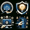Create a visually attractive and clean image displaying four distinct conceptual elements, each correlating to the items in the question. The first item could be represented by an emblem of law and justice, indicative of federal and state laws. The second one could portray a hand reaching towards a glowing idea bubble, implying the violation of intellectual property. The third item could visualize a computer being attacked by a swarm of malicious software bugs, illustrating the distribution of viruses or malware. The fourth could show a forbidden door being opened, signifying unauthorized access. Ensure that the image contains no text.