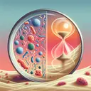 Create a visually appealing image showing a mass of microorganisms seen through a microscope, with half of them starting to fade away or dissolve, set against a background suggesting the passage of time, like a sunset or sand falling inside an hourglass. No text should be present in the image.