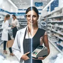 Imagine an image representing a hardworking woman with two jobs. Show her with a lab coat and safety goggles indicating her role as a lab assistant, and showcasing a cash register or scanner, indicating her cashier role. She can be Caucasian, and be seen shifting between the two roles, surrounded by typical laboratory and retail store environment. However, the space around her should be filled with mathematical symbols and equations, those shouldn't reflect the questions exactly from the description. The atmosphere should be neutral and a sense of equality should be maintained.