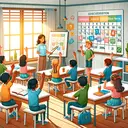 Create an image that visualizes an educational setting depicting children of mixed races and genders, participating in a discussion in a brightly lit classroom. Include details such as the teacher facilitating the discourse, students raising their hands to speak, and a calendar on the wall with four days highlighted. However, make sure the image contains no text.