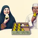 An illustrative scene showing two individuals, one Middle Eastern woman named Mary and one East Asian man named Carmie, each eating a portion of pears from a box. Mary is seen consuming a third of the pears while Carmie eats about a third of the remaining fruit. The box is now empty indicating all the pears have been eaten. The depiction, however, should be void of any text, numerical figures or fractions.
