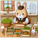An adorable scene of a distinguished rabbit dad in a cozy kitchen environment. He is busily packing lunches with a sense of care. The table is filled with 90 carefully counted carrots and 72 crisp leaves of lettuce. There is a note on the side that he is giving each of his baby bunnies the same number of carrots and leaves of lettuce, no extra vegetables will be left. Additionally, there are several empty, small lunch boxes waiting to be filled. The whole scene encapsulates a problem-solving theme.