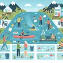 Create a lively and engaging image illustrating a local community working together on a riverfront clean up day. The scene should show people of different genders and descents, both young and old, actively cleaning up the riverfront. Include visuals that highlight the positive effects of this activity such as a clear sparkling river, happy aquatic life, families enjoying the clean area, people kayaking, people fishing, and birds returning to nest. Make sure there are no words or text in the image.