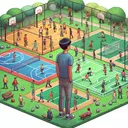 Visualize a scene with Joshua, a Hispanic teenager with short black hair and a casual outfit, surveying his friends. He is standing in a park surrounded by four different sports areas: a basketball court, a soccer field, a baseball diamond, and a volleyball court. Each sport area contains a varying number of friends. 15 of them, a diverse group varying in gender and descent, are playing volleyball enthusiastically, while 25 others, again varying in gender and descent, show passion in playing soccer. Both groups are visibly more vibrant, enthused, and bustling than the remaining groups at the basketball court and the baseball diamond.