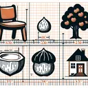 Create a visual representation that corresponds with the inquiry about scale drawings and dilations. It should depict four different objects: a chair, a tree, a nut, and a house. Each object must have two versions: one original and one dilated or enlarged. All the items must be distinct from each other, and should not include any text.