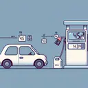 Create a digital representation of a math problem scenario that ties into the concept of proportions. Do not include any text in the image itself. Show a small, generic car that has just been filled up at a gas station. Include a gas pump displaying a price tag of $45 next to a gallon indication of 15 gallons. Next, illustrate a smaller gallon container, equivalent to 5 gallons, with an empty price tag symbolizing the unknown cost. Keep the illustration simple and intuitive to convey the scenario effectively.