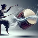 An image representing the concept of collision forces in music. Depict a South Asian female musician sitting on a wooden stool, energetically hitting a large drum with a drumstick. The drumstick is poised mid-air, captured in the action of striking the drum's surface. Visible waves of sound, emanating from the point of contact between the drumstick and the drum, symbolize the forces created by the collision. Please make sure the image doesn't include any text.