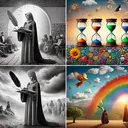 Create an image that visually conveys the concept of using transition words in writing. The image should include four sections. In the first section, imagine a Middle-Eastern woman in historical clothing, she's holding an open scroll with unrecognizable text and a feather quill. The second section could depict a scene representing tone: a grayscale image showing a rainy day versus a vibrant, colorful landscape of a sunny day. The third section could depict a sequence of sand hourglasses, representing the order of events. In the last section, picture a visual divide separating a chaotic cloud of words from a neatly structured sentence.